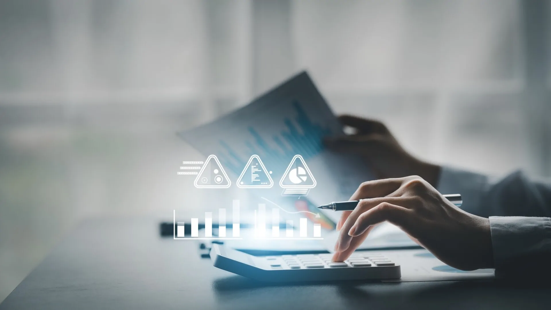 A Business Man Examines Data On Financial Documents, Company Financial Reports, Graphics Showing Financial And Numerical Growth Data. The Concept Of Financial Management To Grow And Be Profitable.