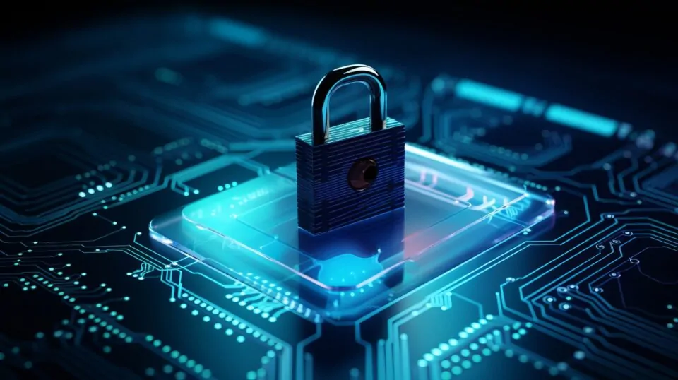 Cybersecurity Concept Depicting A Padlock On Top Of A Microchip Board, Symbolizing Protection, Safety, And Secure Connections In The Digital World Generative Ai