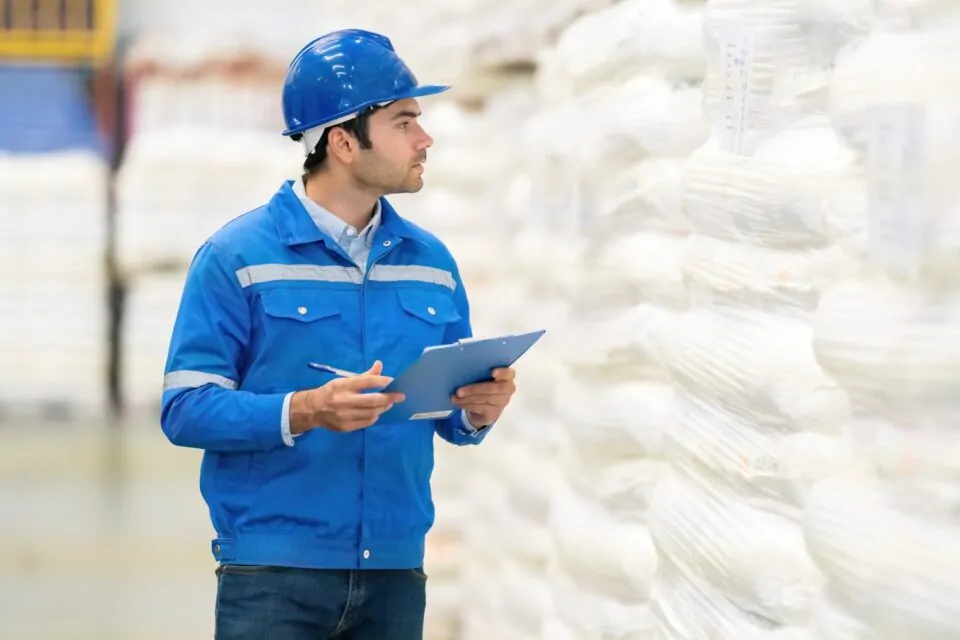 American Male Engineer Holding A List Note And A Pen Was Walking To Check The System Of Product Lists In A Large Plastic Business Industry. Wear Uniforms And Helmets.